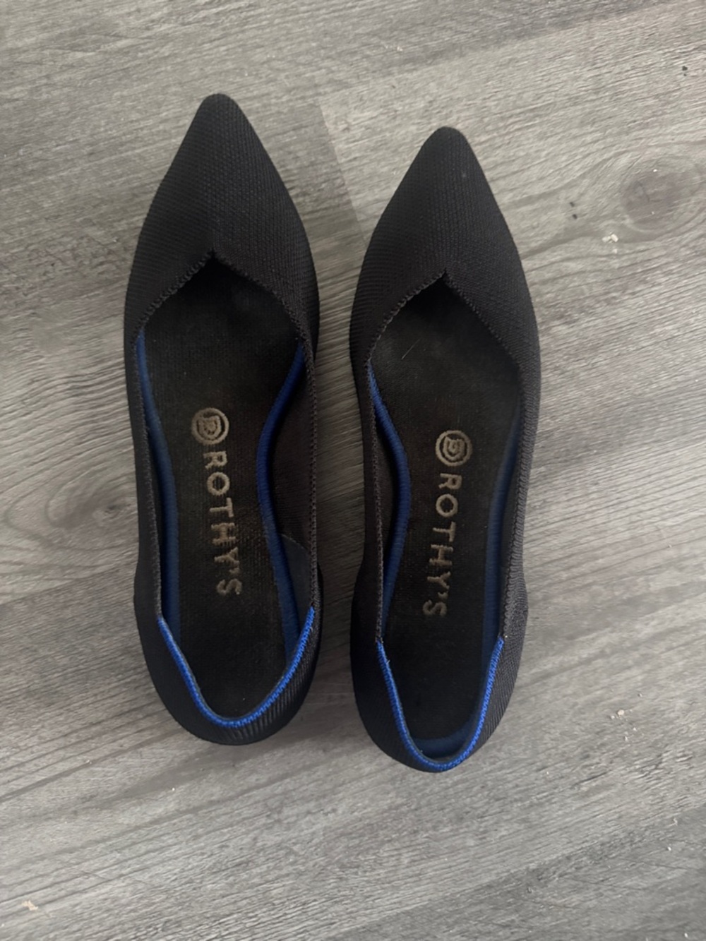 Rothy's Black Pointed Knit Flats with Blue Accent 10” From Toe to Heel